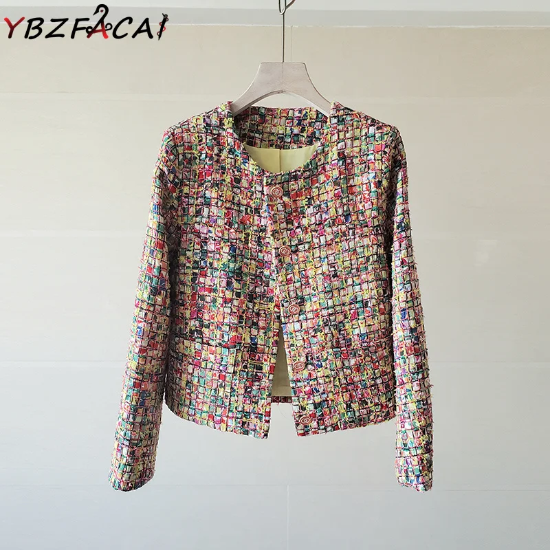 

High-end Light Luxury Colorful Plaid Bright Silk Tweed Jacket Women 2022 Fall Retro Tweed Coat Woven Tweed Cropped Top Winter