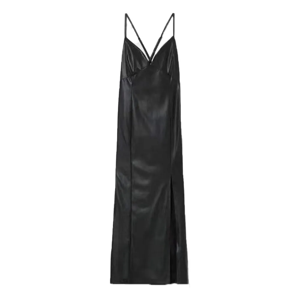 

Zach AiIsa counter quality new women's fashion retro sexy V-neck suspenders cross open back slim soft texture hem slit dress