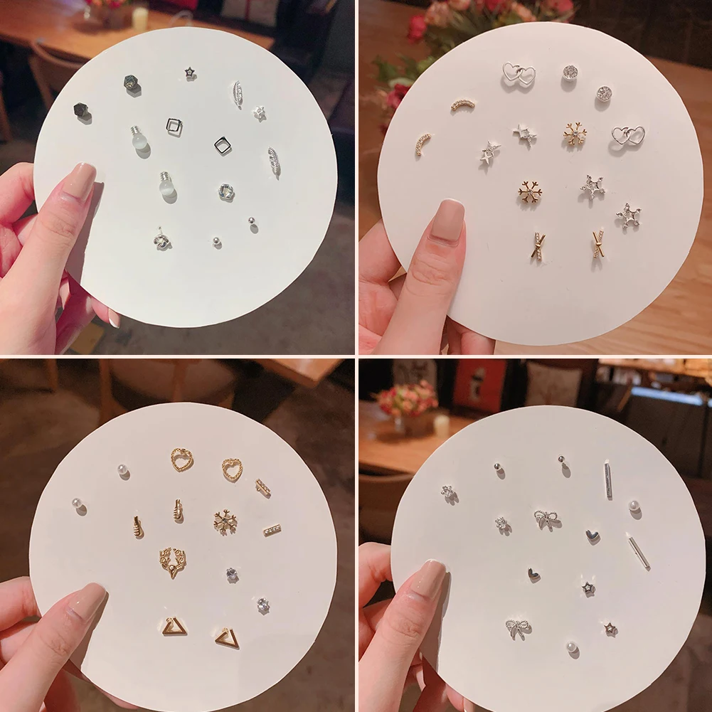 

7Pair/Set Earrings Female Exquisite Small One Week Earring Set Combination New Snowflake Heart Star Simple Shape Stud Earrings