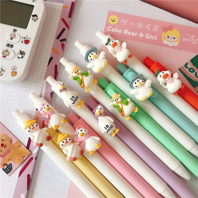 

24 шт. Мультяшные креативные нейтральные нажимные ручки с утенком 0,5 мм черная пуля Заполняемые школьные студенты писать тест технические по...