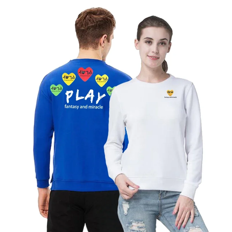 

Men Women Sweater Cotton Heart Letter Embroidery Back Colorful Multiple Heart Print Fleece O-neck Pullover Autumn Loose Sweater