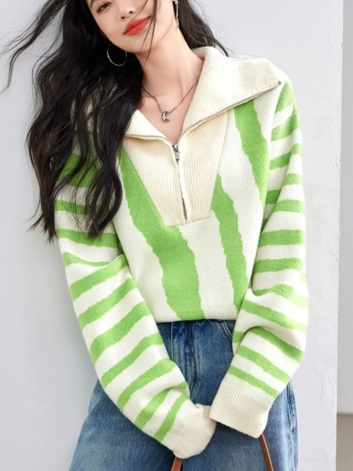 Американский свитер на молнии вязаная женская одежда осенне-зимняя базовая