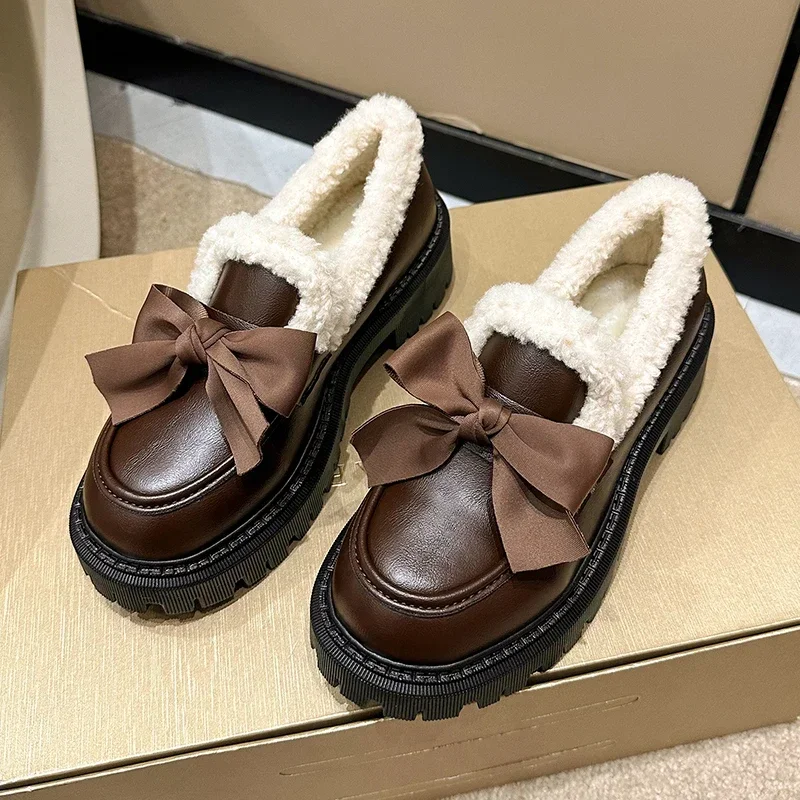 

Women's Leather Shoes NEW Autumn and Winter Ribbon Bow Plush Shoes Sweet and Versatile Slip-On Loafers High Platform Women Shoes
