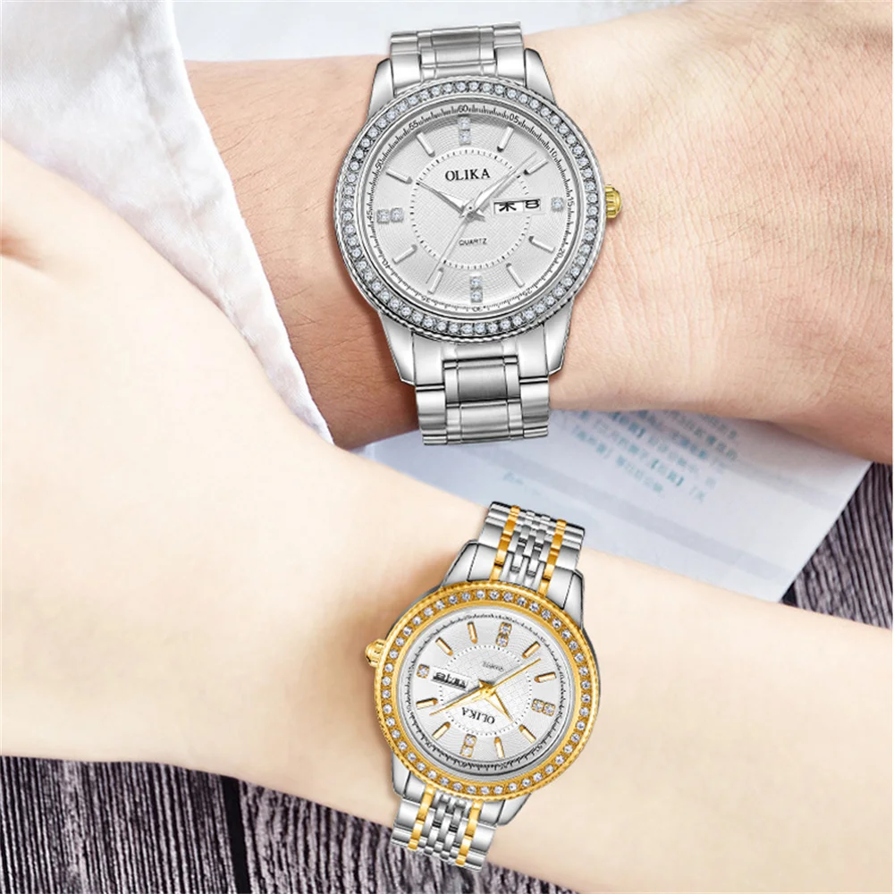 QSCY OLIKA Men Ladies Watch Fashion Diamond Couple Watch Waterproof Stainless Steel Quartz Watch