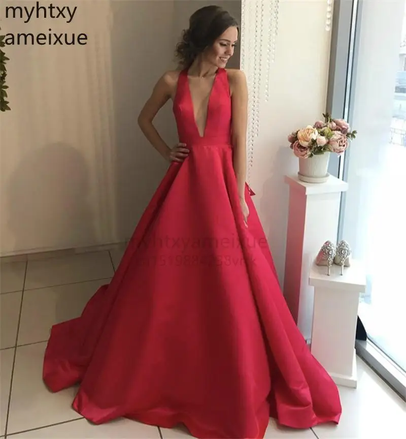 

Long Sexy Red V-neck Sleevless Flooor Length Court Train Satin Plus Size Evening Dresses With Hand Made Bow Robe De Soiree