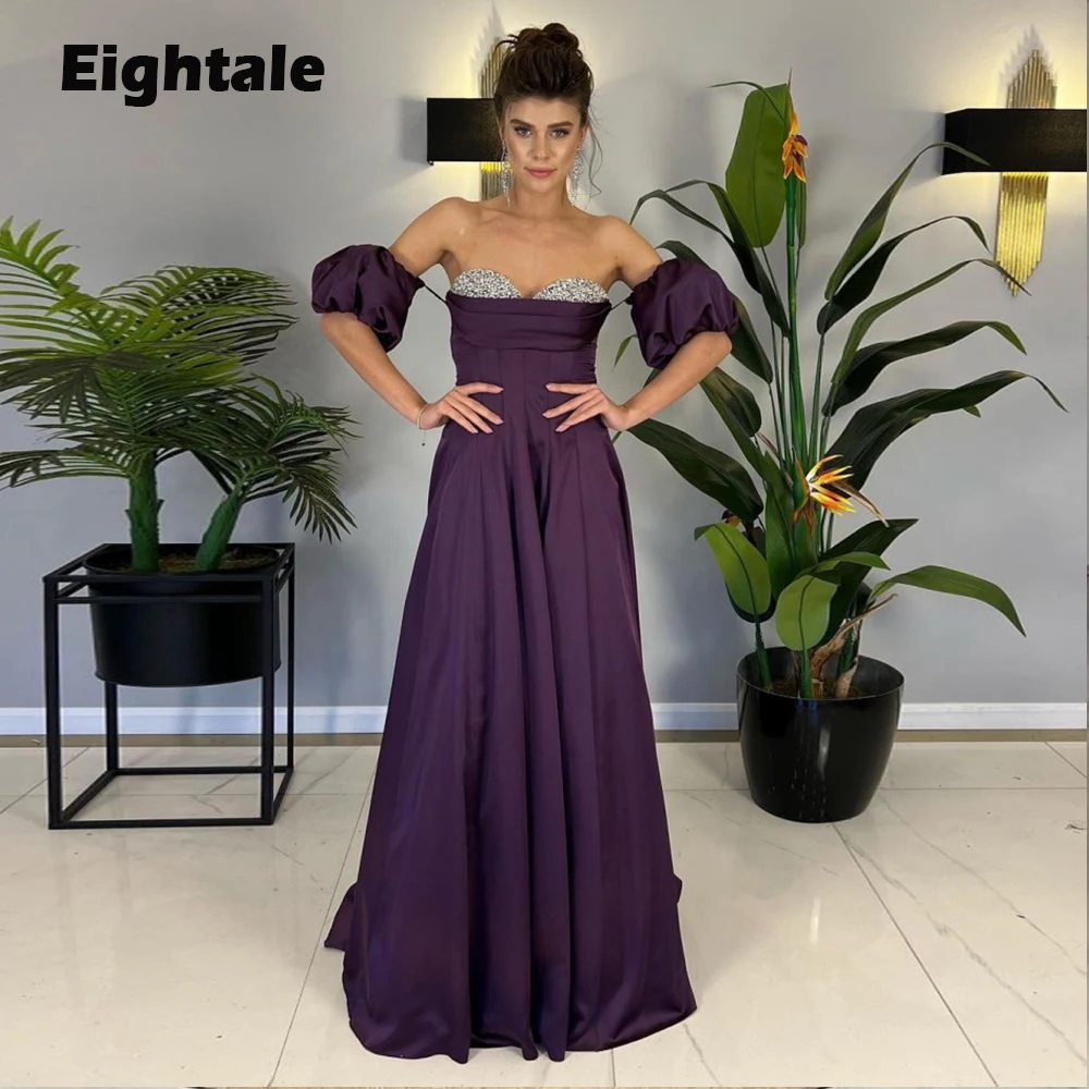 

Eightale Purple Evening Dress for Wedding Party Beaded Satin Short Sleeves Sweetheart Arabic Mermaid Celebrity Formal Prom Gowns