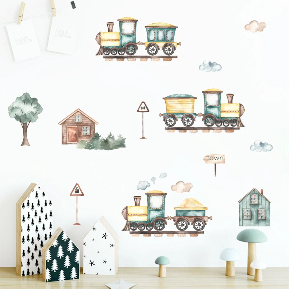 

Boho Cartoon Trains Houses Trees Billboard Vinyl Mural Watercolor Wall Sticker Self-adhesive Nursery Kids Boys Room Home Decor