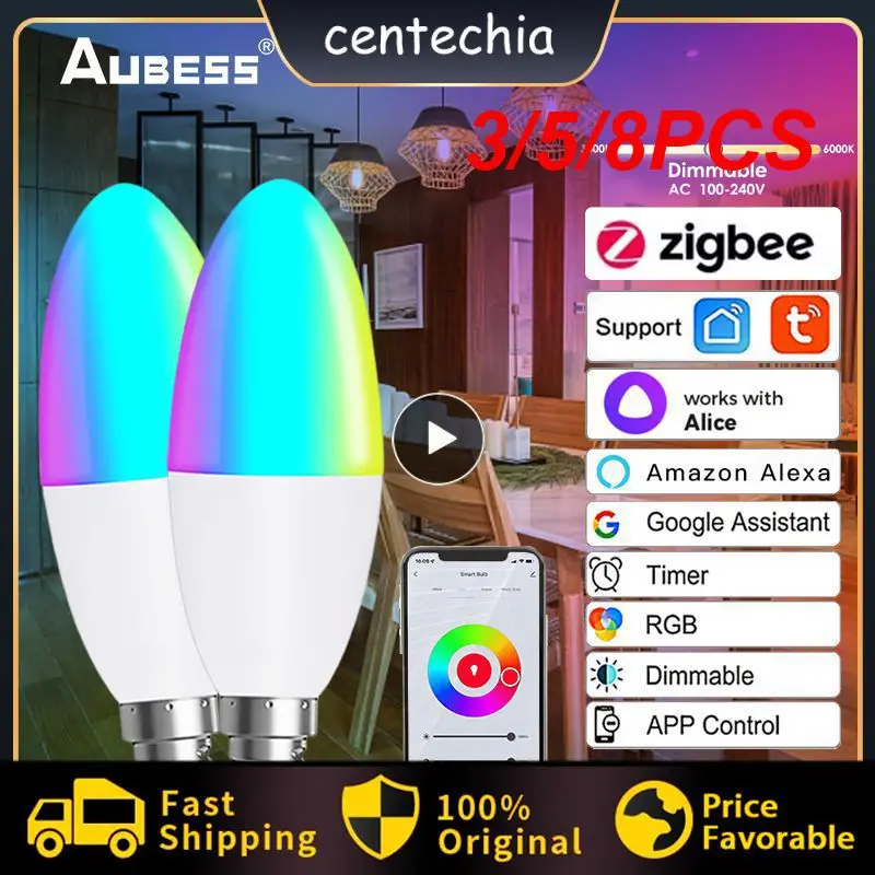 

3/5/8PCS 5w Candle Light Bulbs Tuya Zigbee Zigbee Smart Lamp Voice Control For Alexa Google Home Yandex Alice Smart Light Bulb