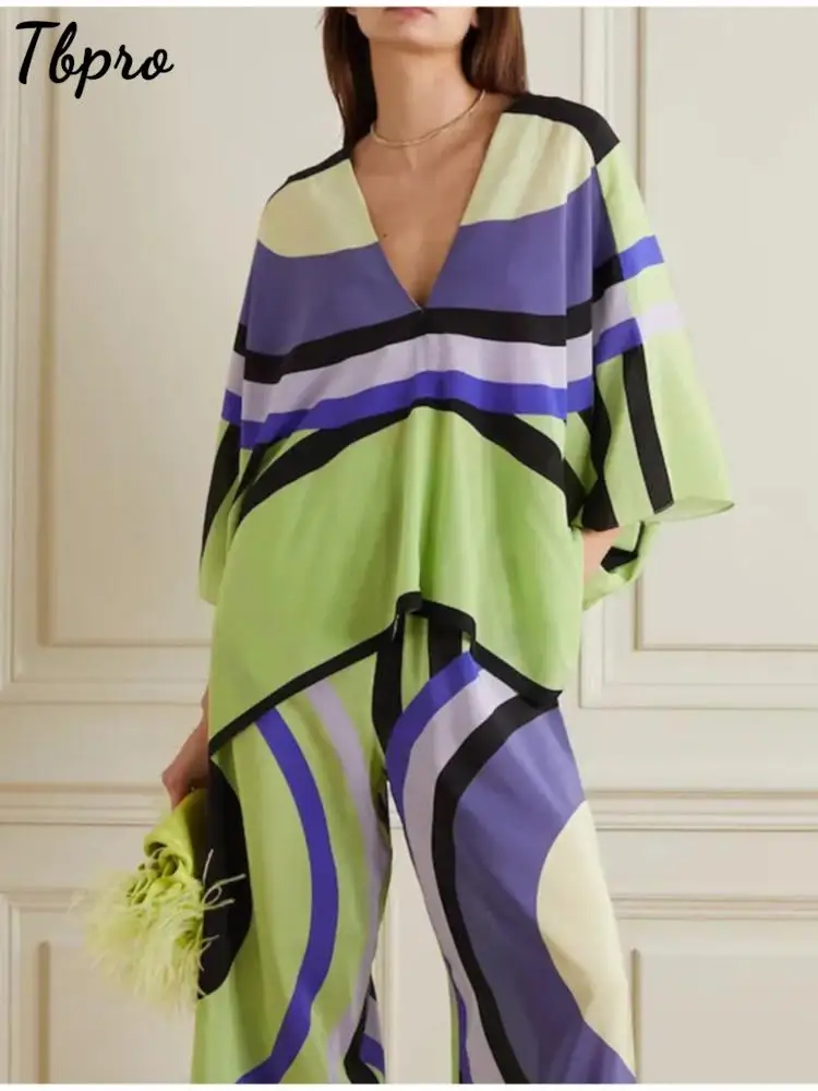 

Stripe Batwing Sleeve Pullover Top & Pants Sets Woman V Neck Loose Top High Waist Pants New Fashion Ladies Streetwear Suits