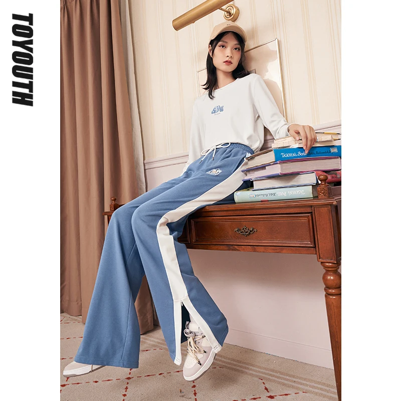 

Toyouth Women Sweatpants 2021 Autumn Elastic High Waist Trousers Blue Side Zipper Vintage Elegant Preppy Style Sports Pants