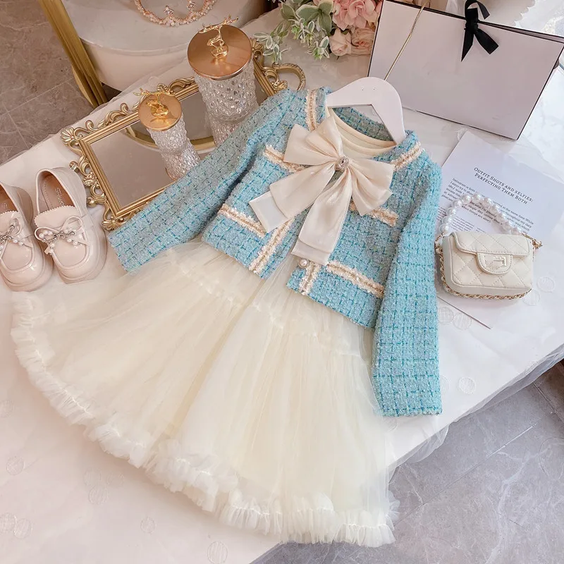 Sweet Outfits Kids Girls Princess 2pcs Clothes Sets Spring Autumn Children Fashion Blazer Coat+Skirt Vintage Outfits Suit