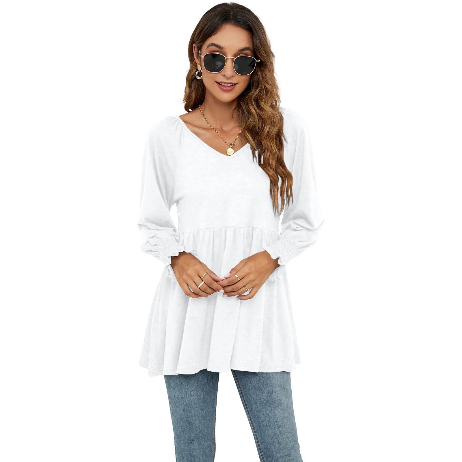 Women's 2022 Autumn and Winter New V-neck Puff Sleeve Solid Fashion Casual  Long-sleeved Corset T-shirt Women