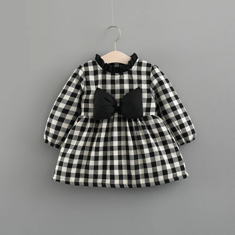 Spring and Autumn Girls' Clothing Cute Children's Dress Baby Girl Plaid Cotton Flax Polo Dress Long Sleeve Dress Toddler