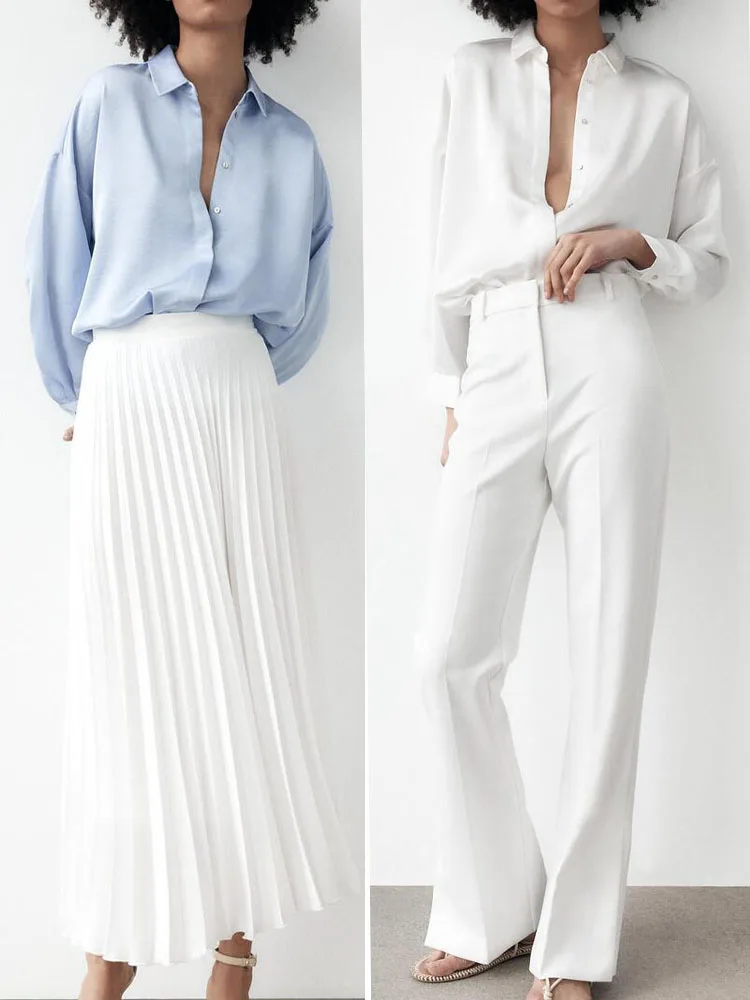 

Zach AiIsa Spring New Women's Wear Simple Temperament Versatile Polo Collar Drop Shoulder Sleeves Satin Shirt Texture