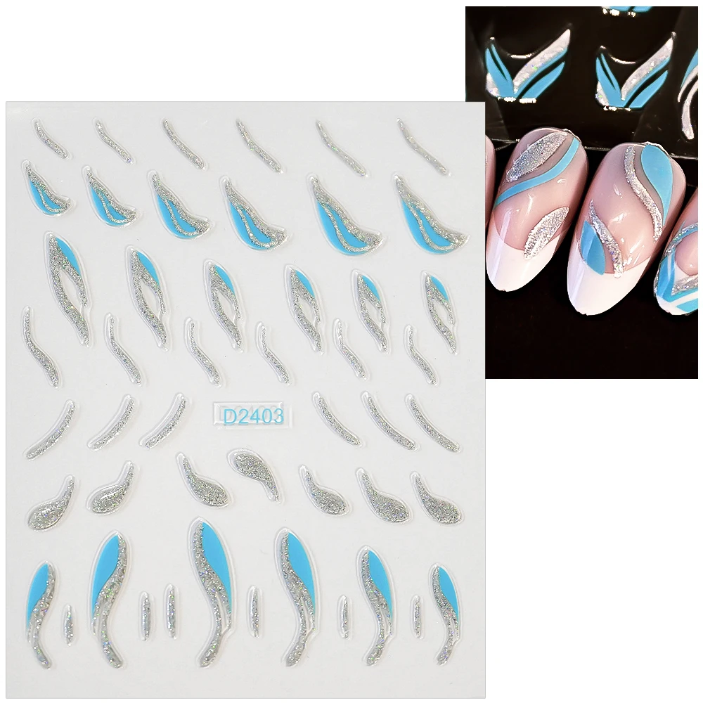 1 шт. синие золотые блестящие наклейки для ногтей с французской линией волнистая