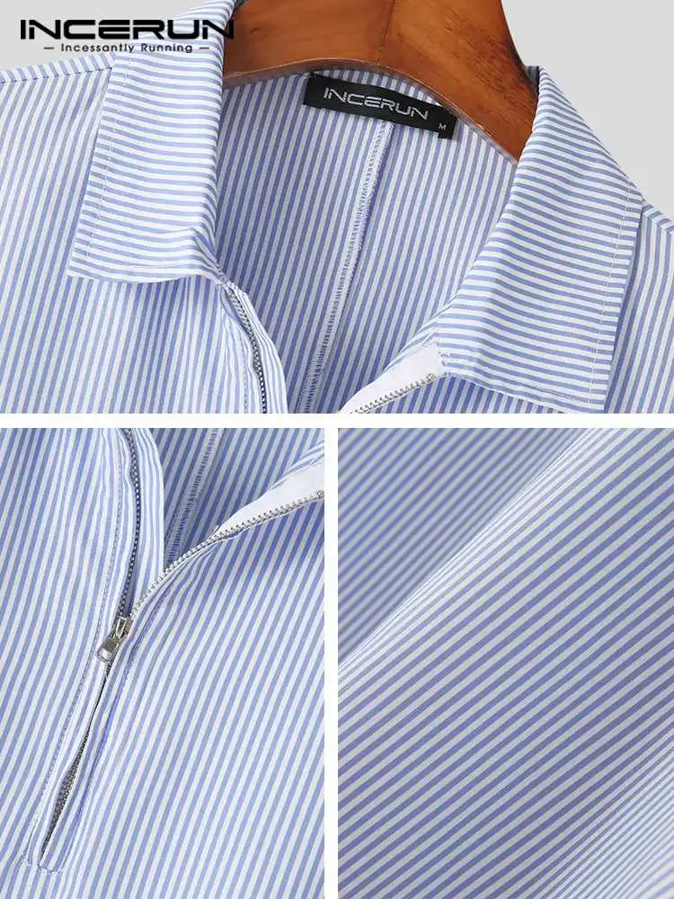 Casual Simple Style Tops INCERUN Men Leisure Striped Blouse Handsome Male Front Mid-Zipper Long Sleeve Pocket Shirts S-5XL 2022
