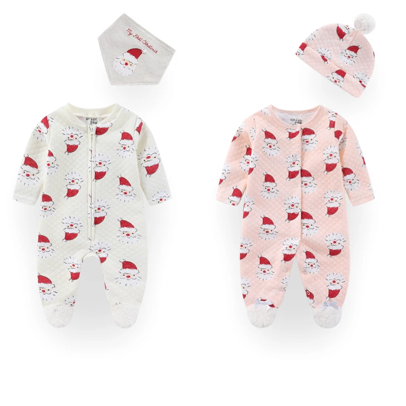 

Утепленные рождественские комплекты для новорожденных 2/3 шт. хлопковая одежда для маленьких девочек и мальчиков комбинезоны + шляпа/нагрудник 0-9 месяцев Детские комбинезоны с длинным рукавом и принтом