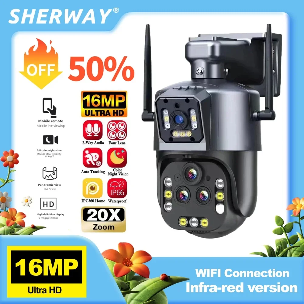 

IP-камера SHERWAY, 8K, 16 МП, 4 объектива, 360 °, Wi-Fi, PTZ