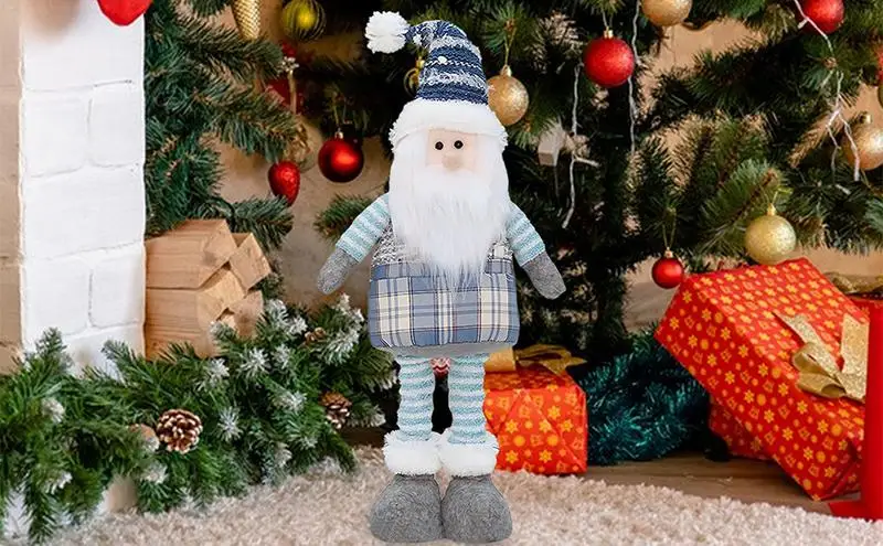 

Cute Blue Stuffed Christmas Doll Santa Snowman Christmas Decoration Standing Posture Handmade Ornaments Retractable Long Leg