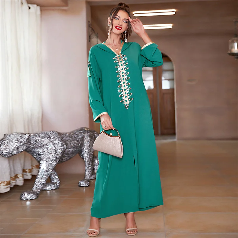 

Office Lady Green A-line Dress with Hood Beaded Muslim Abaya Kaftan