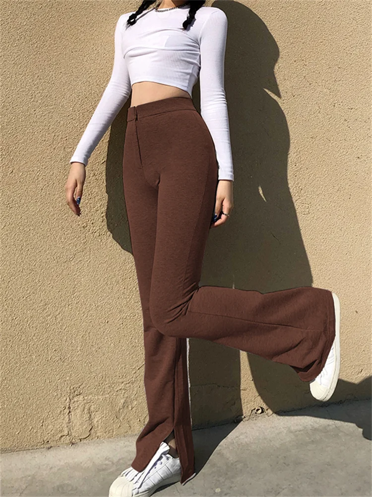 

Vintage Brown Flare Pants High Waist Slim Fit Long Trousers 90s Aesthetics Indie Zip Up Skinny Slit Pants Y2K Sexy Women Clothes