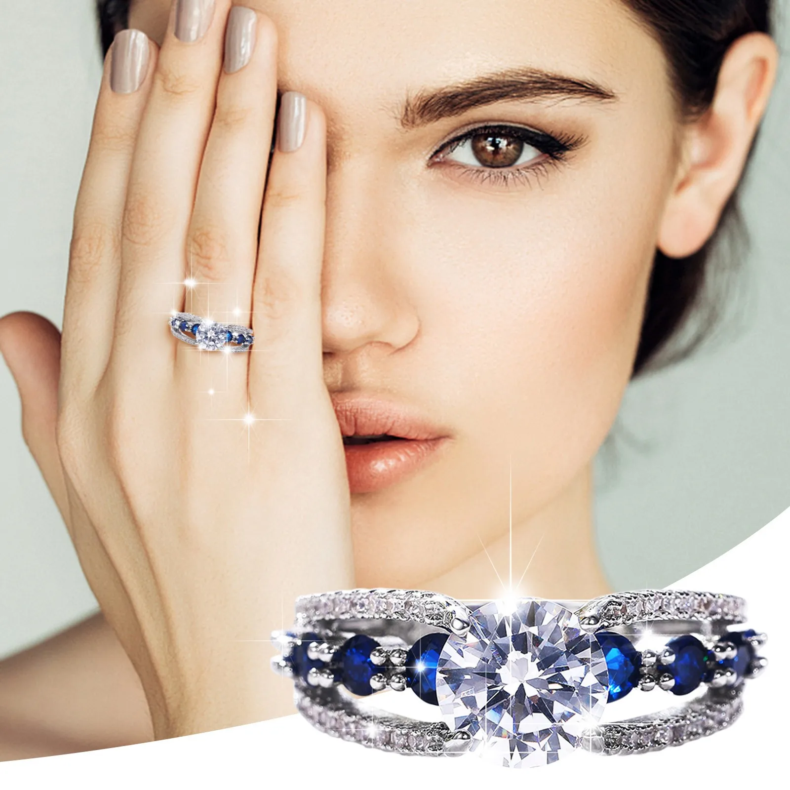 

Hollow Blue Zircon Ring Elegant Rhinestone Ring Sapphire Jewellery Rings Women Fashion Full Diamond Zircon Rings Gold Rings Pack