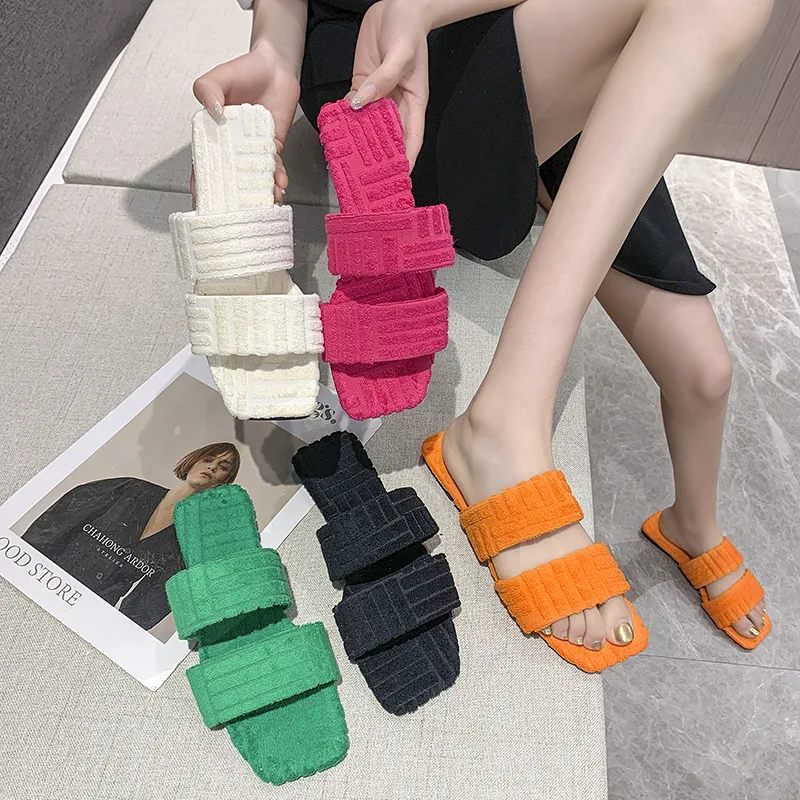 Autumn Winter 2022 European And American New Flat Outer Wear Square Tips Indoor Fashion Simple Pure Color Cotton Slippers