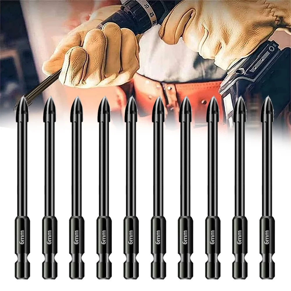 10pc 6mm Tungsten Carbide Cross Spear Head Drill Bit Hex Shank For Tile Porcelain Marble Ceramic Glass Brick Drilling Power Tool