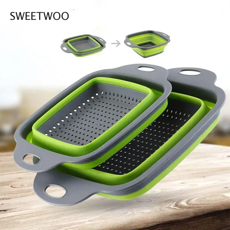 

Silicone Foldable Drain Washing Basket Kitchen Tools Water Filter Strainer Fruit Vegetable Basket Square Organizer Storage 2022