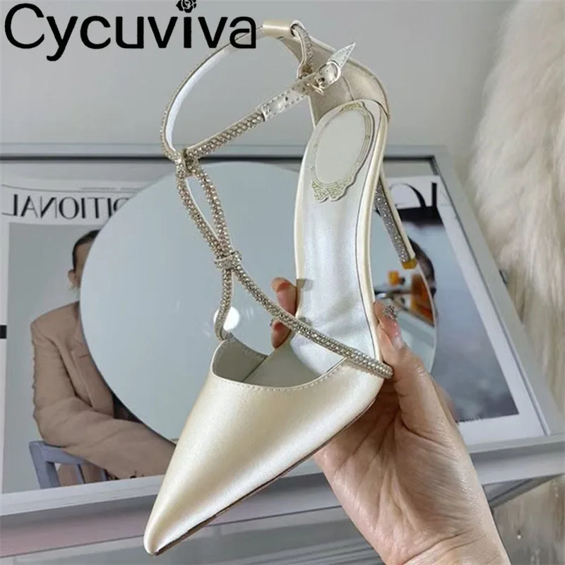 

Summer Sexy Silk High Heel Sandals Women Pointy Toe Ankle Strap Crystal Shoes White Designer Brand Party Banquet Shoes Woman