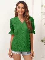 summer solid lace blouses for women 2022 fashion v neck 34 sleeve loose office work lady shirt elegant chic casual tops