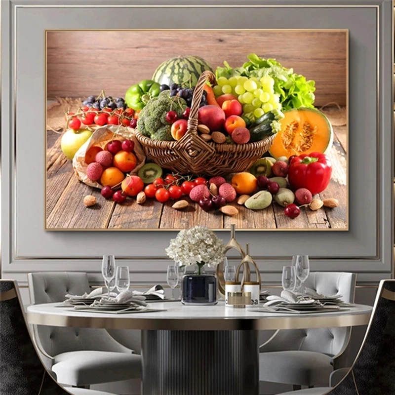 

Vegetable and Fruits In Basket Kitchen Canvas Paintings Decor Poster and Prints Green Food Picture for Dining Room Decoration