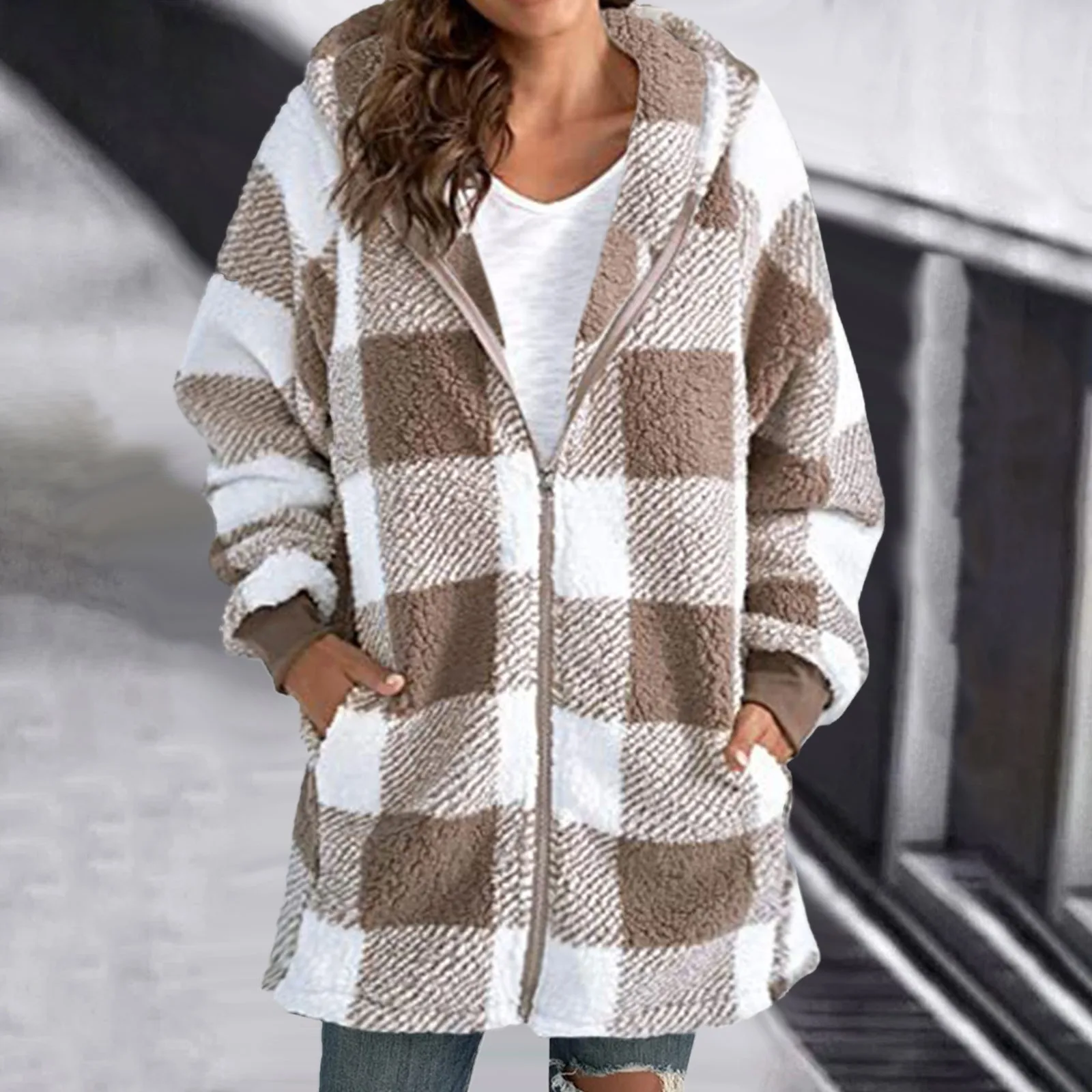 

Women's Plush Coat Long Sleeve Plaid Hooded Zipper With Pocket Loose Coat