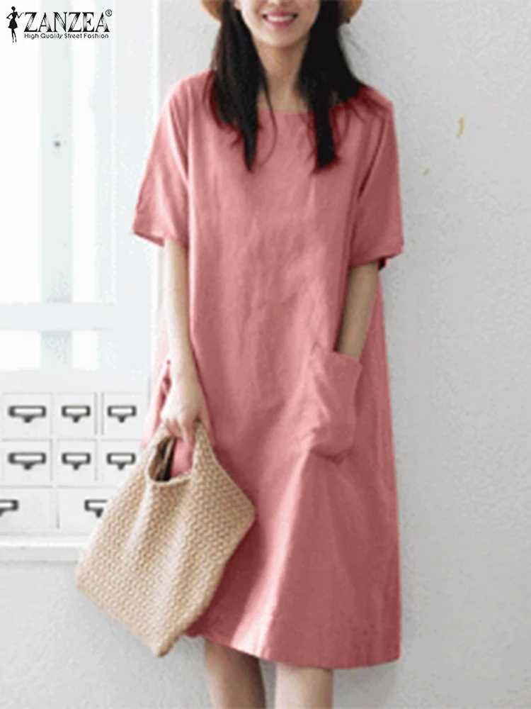 

ZANZEA Women Vintgae Cotton Dress Summer O Neck Short Sleeve Sundress Causal Solid Baggy Dresses Knee-length Robe Femme Kaftan