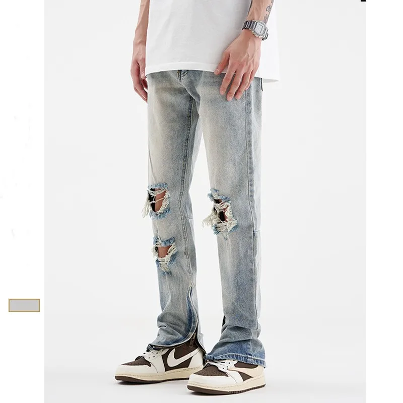 Light Blue Jeans Men's High Street Ripped  Pants  2023 Summer Tide Brand Loose Straight Retro Hip Hop Wash Designer Vintage