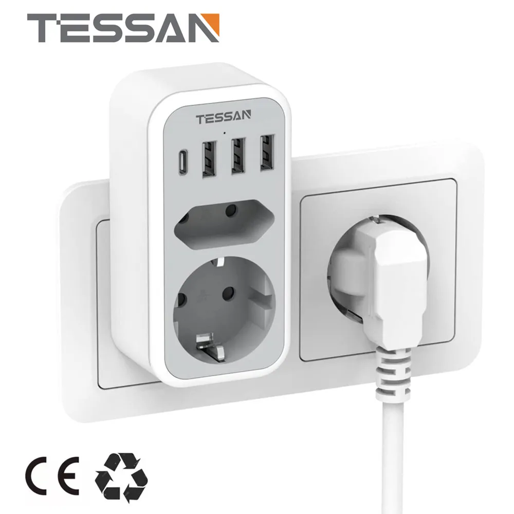 

TESSAN EU Vertical Power Adapter with 2 AC Outlets, 1 Type C Port, 3 USB A, European Plug Extension Socket Power Strip for Home