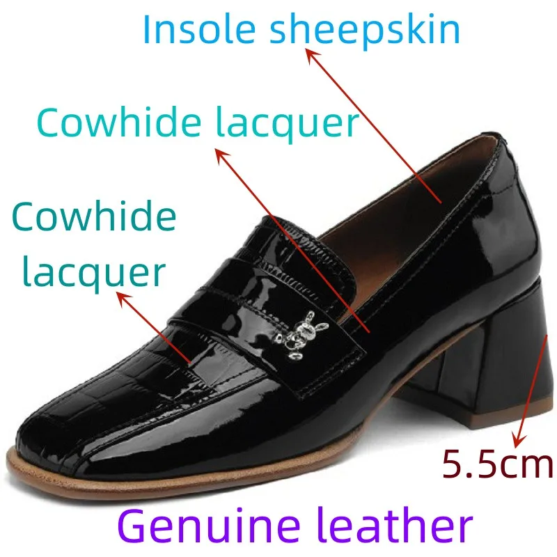 【JOCHEBED HU】Fall Shoes Genuine Leather Woman Shoes Square Toe Chunky Heel Shoes Slip-On Pumps Solid High Heels Classics Ladies