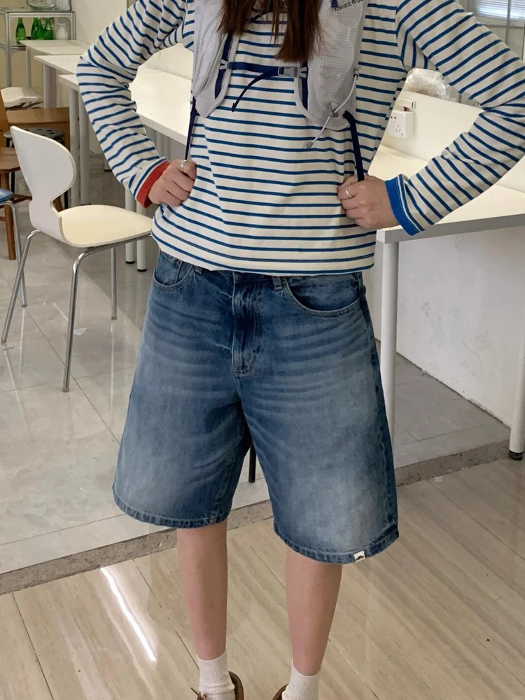 Джинсовые шорты с высокой талией для женщин мешковатые до колена синие свободные