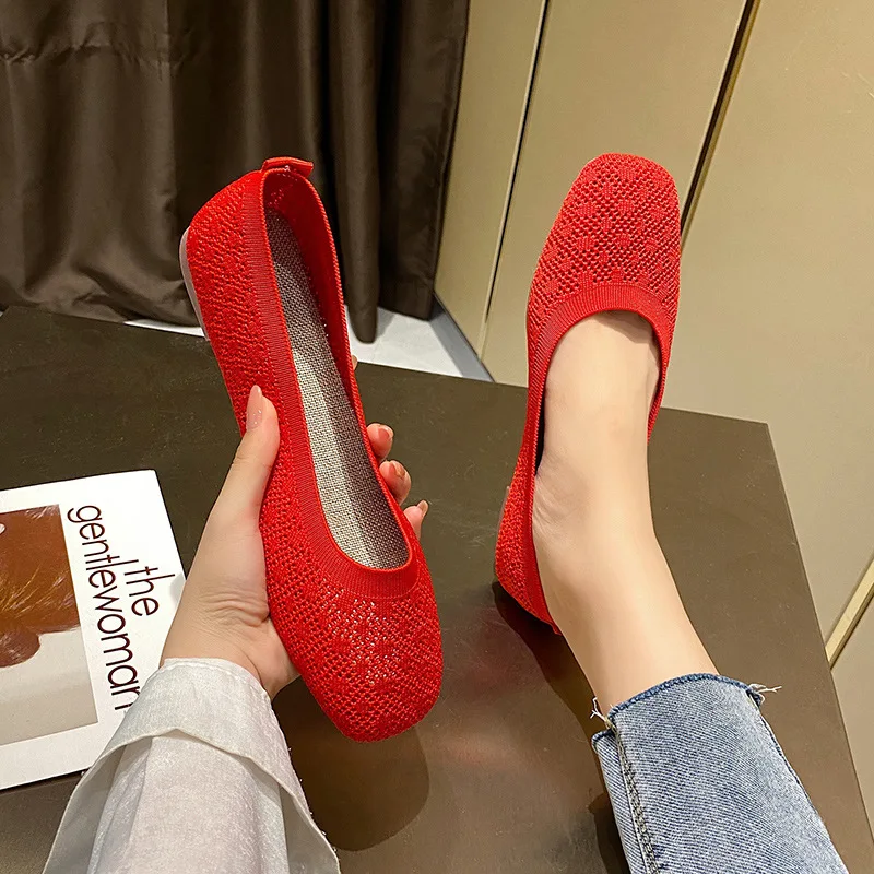 Women Breathable Shoes Square Toe Woven Beanie Shoes Soft Bottom Hollow Shallow Mouth Scoop Shoes Kpop Casual Flat Slip-on Shoes