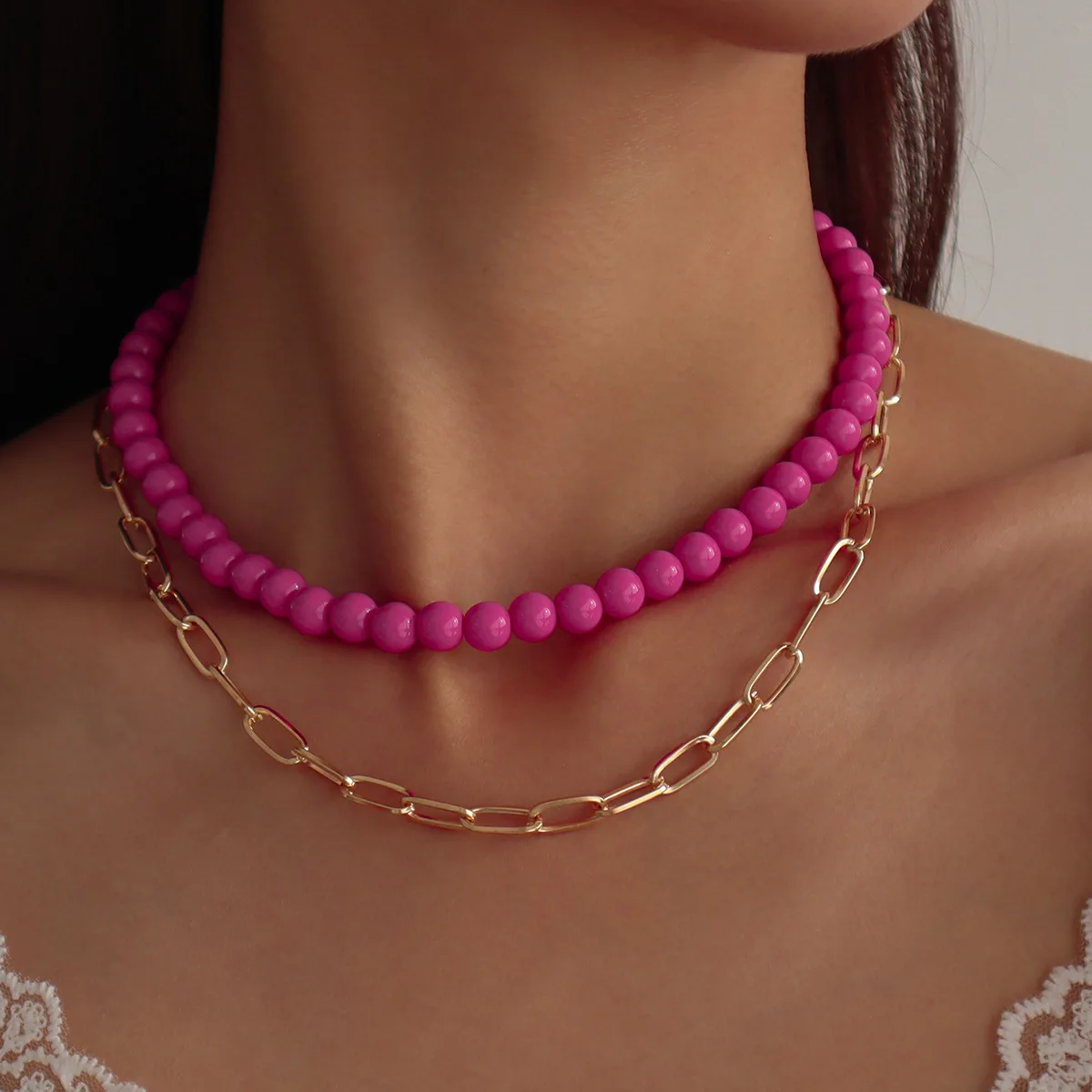 

New Arrivals Fuchsia Beads Neck Gold Color Chain Choker Necklace Multi Layer Goth Chocker Jewelry On The Neck Women Collar