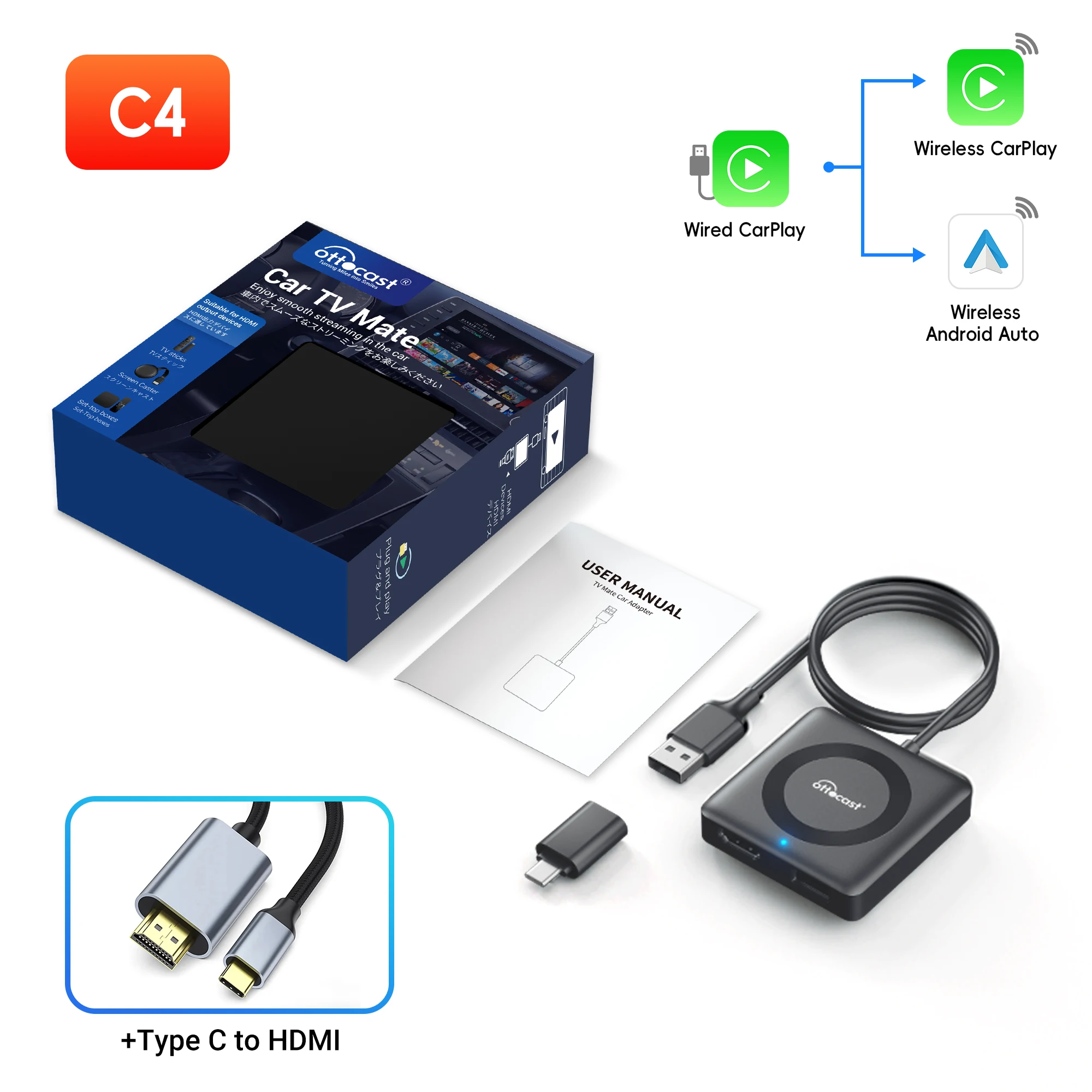 

OTTOCAST Mate Pro C4 Автомобильный ТВ Mate Беспроводной Адаптер CarPlay Android Auto Конвертер Видео Для HDMI Поддержка VW Be...