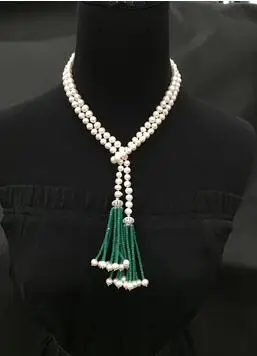 Hot sell long 7-8mm natural white freshwater pearl sweater green chain necklace fashion Best gift for mom jewelry 48inch