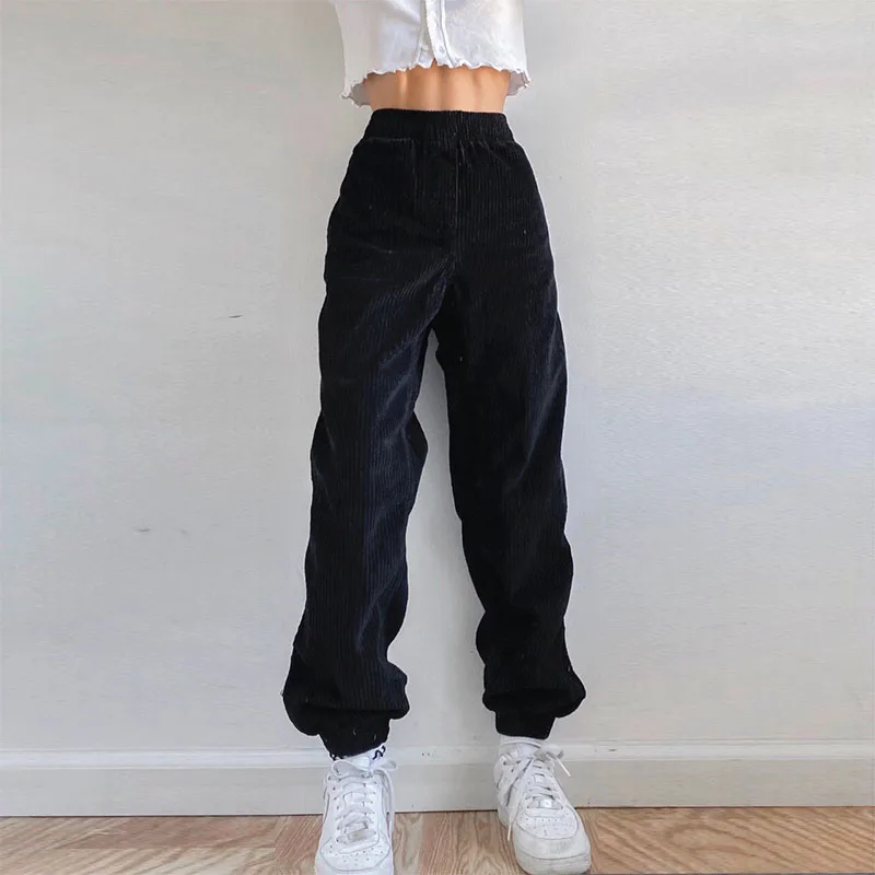 

Elastic High Waist Black Joggings Pants Women Corduroy Pocket Patchwork Vintage 90S Pants Baggy Sweatpants Casual 2020