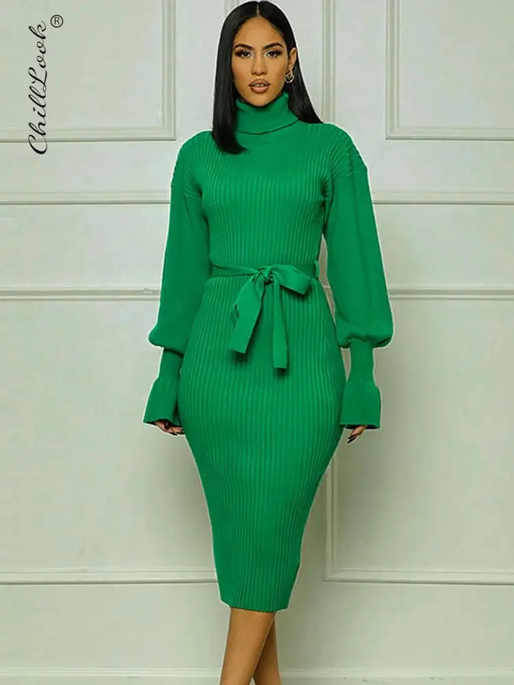 

Трикотажное платье-водолазка средней длины с рукавом-фонариком, женское облегающее платье зеленого цвета на осень и зиму 2023, женское элегантное платье Vido с поясом