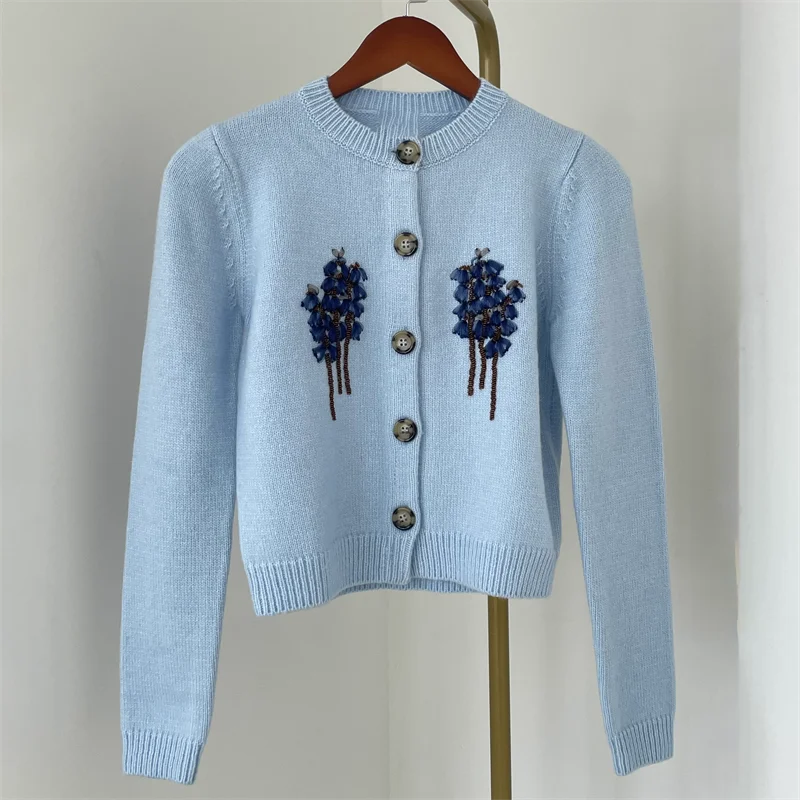 Кардиган женский осень 2024 новая верхняя одежда с цветочной вышивкой топ длинными