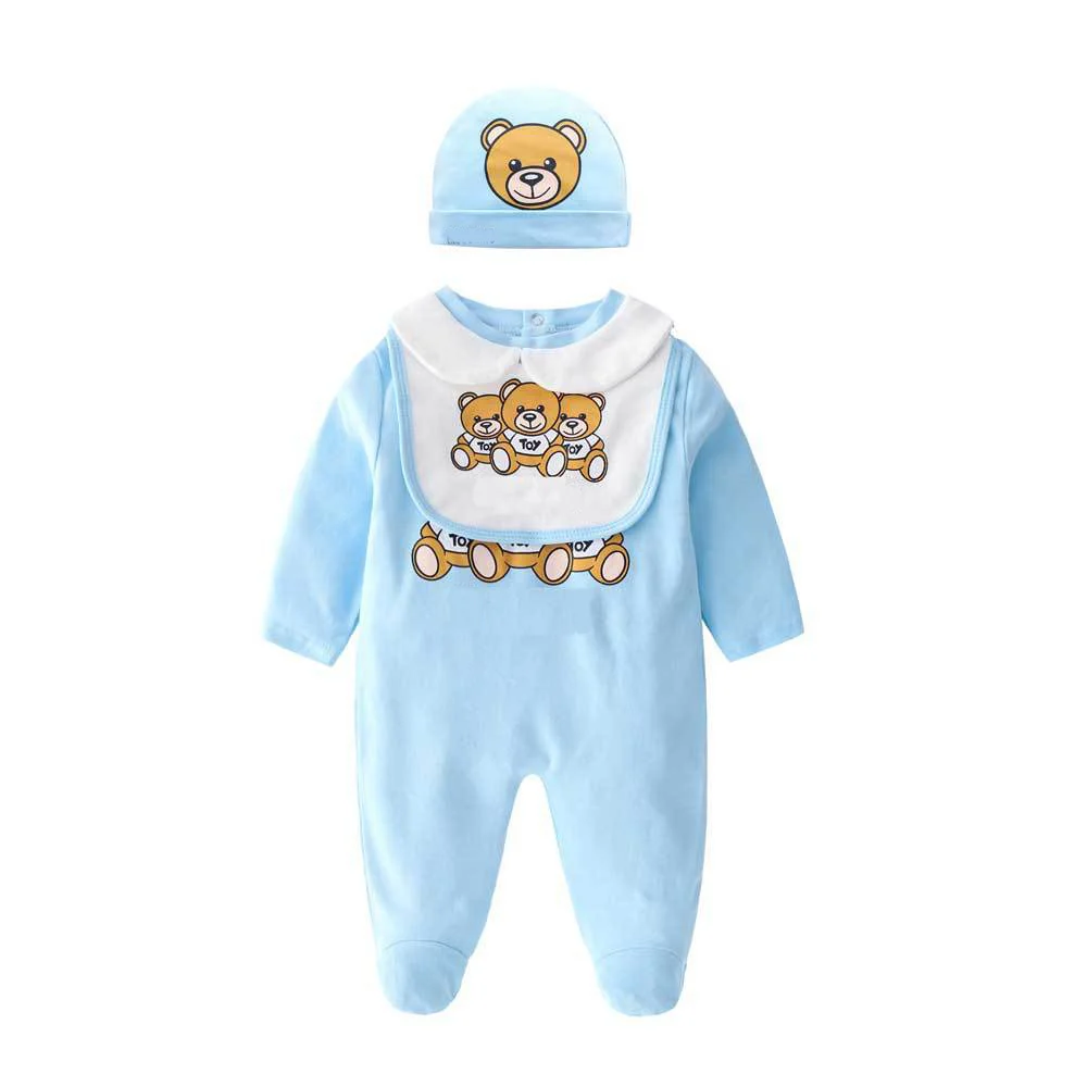 

Summer Fashion Newborn Baby Clothes Short-sleeved Cotton Cute Cartoon Little Bear New Born Baby Boy Girl Romper and Hat Bibs Set