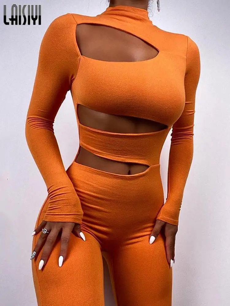 

Женский слитный комбинезон с вырезами, Облегающий комбинезон с длинным рукавом, клубный праздвечерние чный комбинезон, однотонная одежда, ...