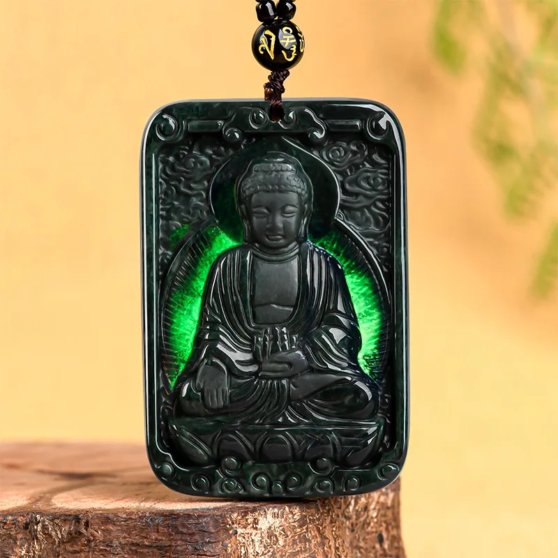 

Mai Chuang/Hand Carved/Jade Mo Cui Amitabha Buddha Statue Emerald Necklace Pendant Fashion Elegant Jewelry Men Women Couple Gift