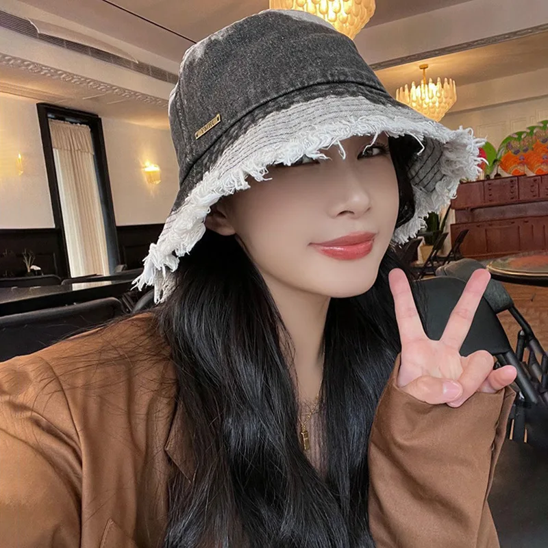 

Spring and Autumn Gradual Change Color Denim Bucket Hat Women Japanese Edging Retro Basin Hats Outdoor Sunscreen Fisherman Cap