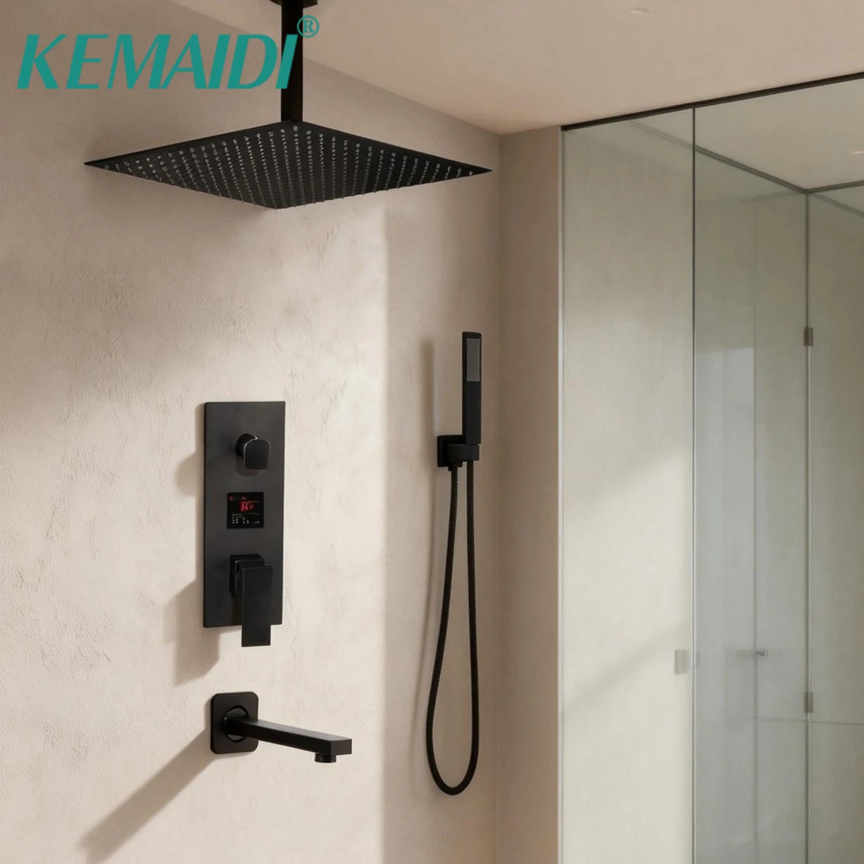 Фото Душевая система KEMAIDI матовая черная скрытого монтажа, потолочная лейка с цифровым дисплеем и ручным распылителем №1